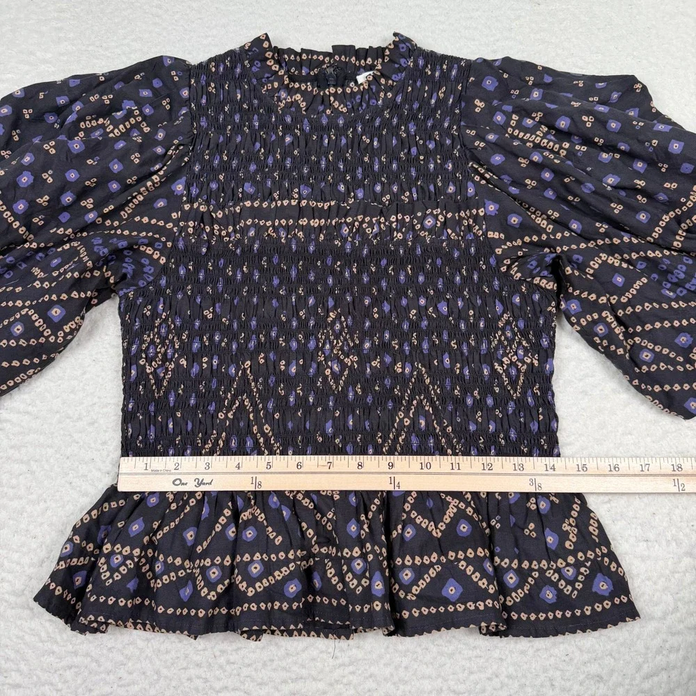 Sea New York Delphine Puff Sleeve Smocked Top Small? Black Blue Geometric Cotton - Picture 8 of 12